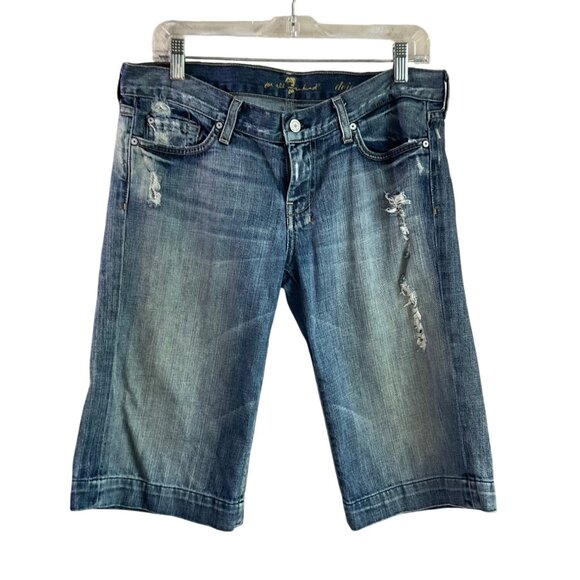 7 For All Mankind Women 30 Dojo Denim Shorts Y2K Distressed Bermuda Low Rise - Picture 1 of 16